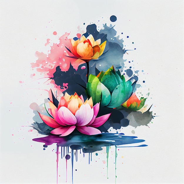 Watercolor blooming lotus flowers with splash background