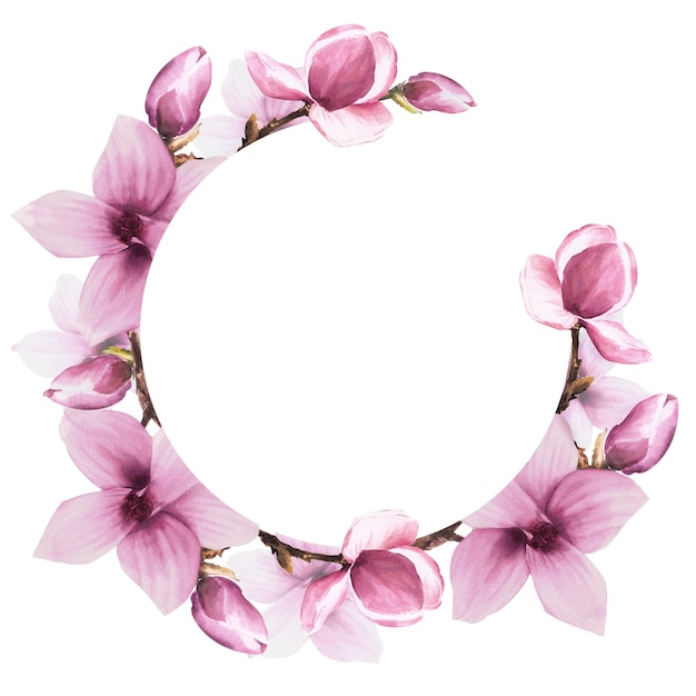 Watercolor blooming pink magnolias flowers bough leaves and buds Floral round frame illustration