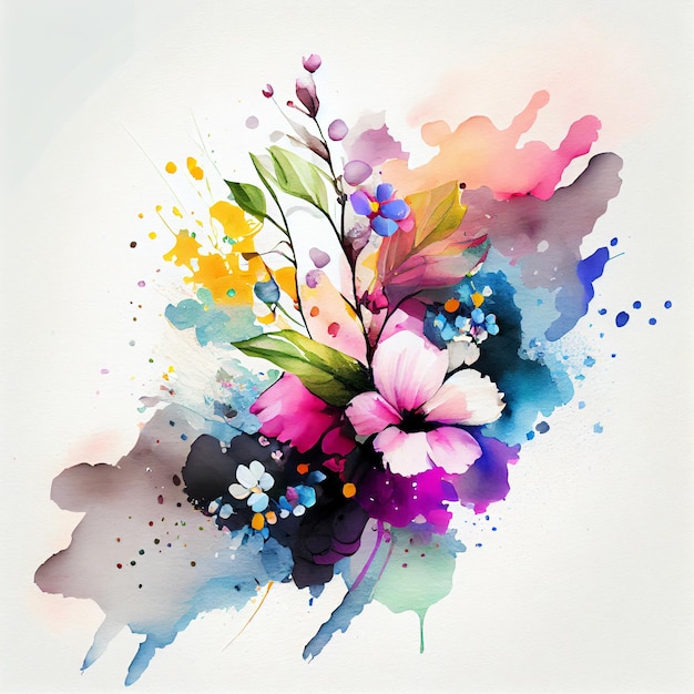 Watercolor blooming spring flowers with splash background