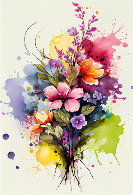 Watercolor blooming spring flowers with splash background