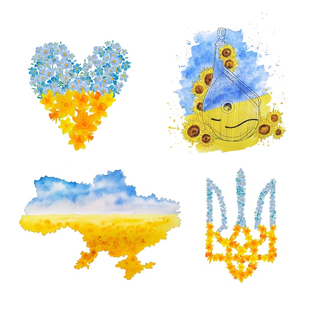 사진 수채화 파란색과 노란색 꽃 우크라이나어 플래그 그림