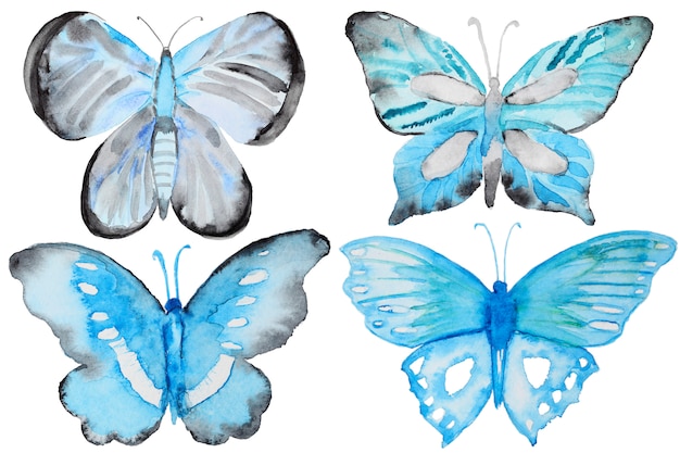 Watercolor blue butterflies set isolated on white