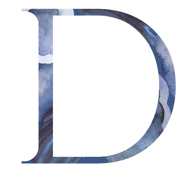 Watercolor blue capital letter D isolated illustration summer design element