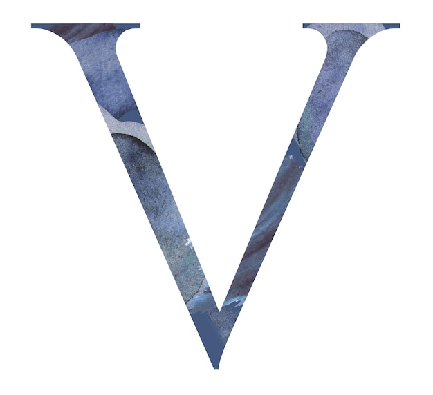 Watercolor blue capital letter V isolated illustration summer design element