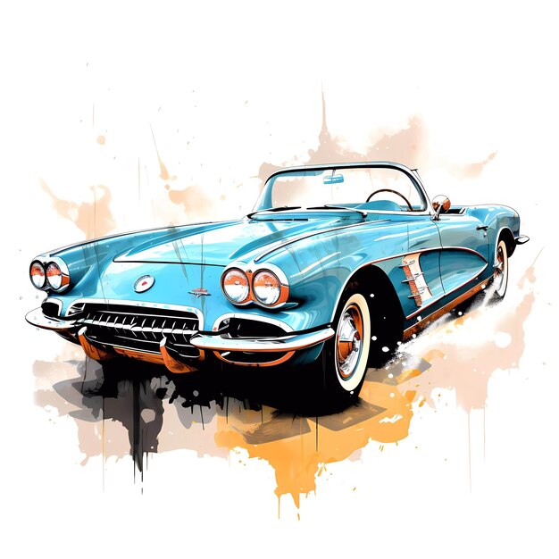 watercolor blue chevy 1961 Corvette sport car sketch blue Chevrolet