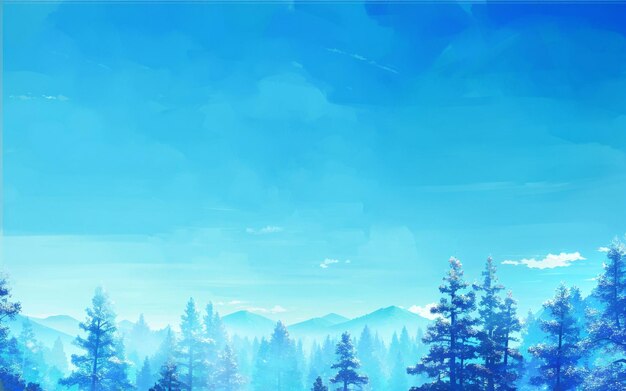 Watercolor blue color of pine forest mountains and sky background