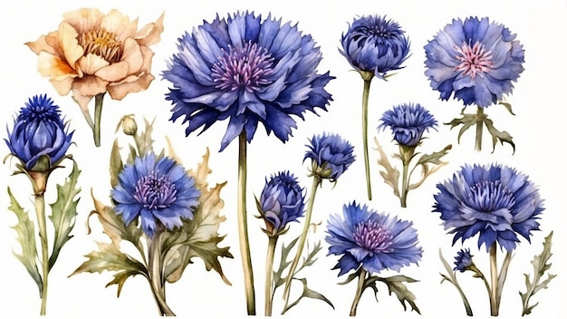 Watercolor blue cornflowers isolated on white background Hand drawn illustration