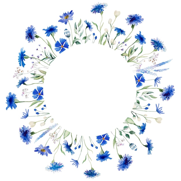 Watercolor blue cornflowers and wildflowers round frame summer wedding isolated illustration