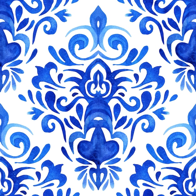 写真 水彩ブルー ダマスク手描きの花柄のデザイン シームレス パターン タイル張りの飾り ペルシャの抽象的なフィリグリーの背景 青と白の azulejo 装飾的な要素