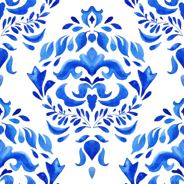 Photo watercolor blue damask hand drawn floral design