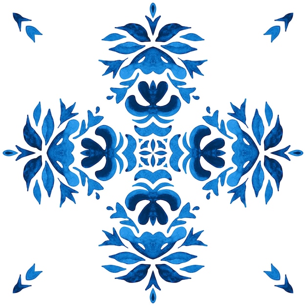 Watercolor blue damask seamless pattern, indigo renaissance tiling ornament. azulejo talavera ceramic tile.