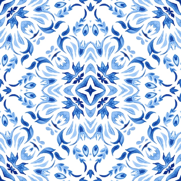 Watercolor blue damask seamless pattern, indigo renaissance tiling ornament.