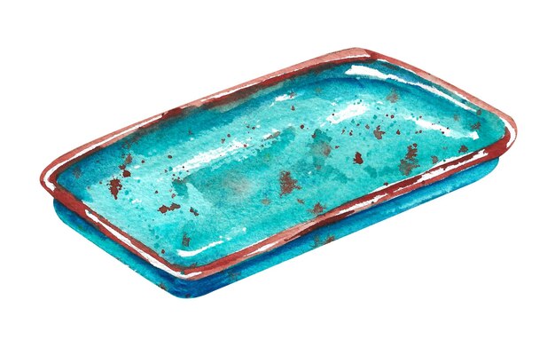 Watercolor blue dish for a restaurant on a white background
