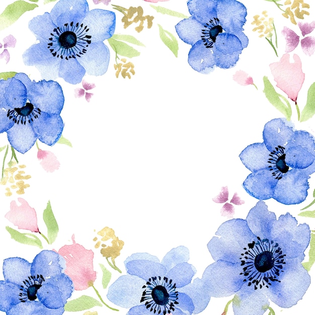수채화 블루 플라워 아네모네 화환 프레임 잎과 봄 꽃이 있는 블루 아네모네 식물 그림 인사말 카드 꽃 템플릿