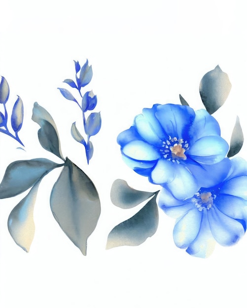 Акварель синие цветы и листья на белом фоне