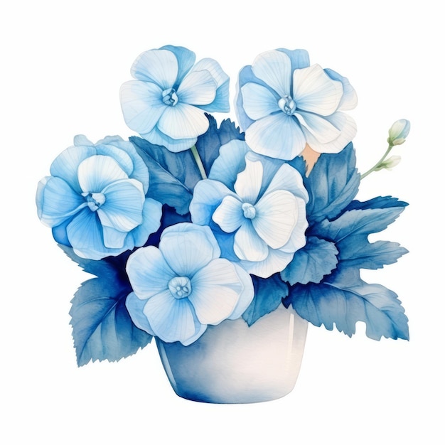 Photo watercolor blue flowers in vase monochromatic floral arrangement