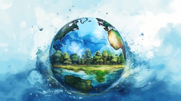 Foto acquerello globo blu terra con piante acqua per campagne ambientali eco-friendly generare ai