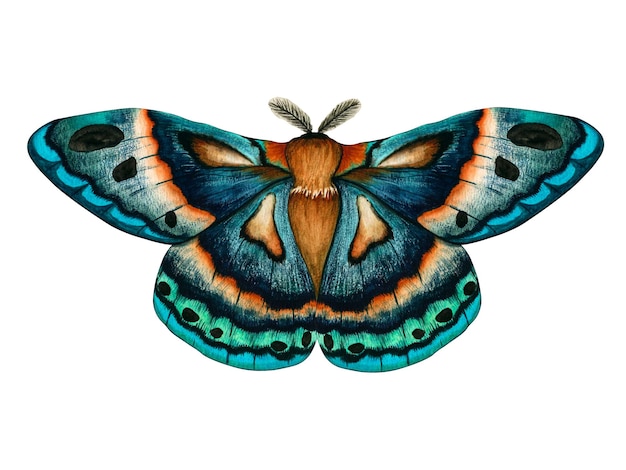 흰색 배경에 고립 수채화 파란색 녹색 나방 손으로 그린 그림 제국 밤 나비 곤충 편지지 포스터 벽지의 디자인