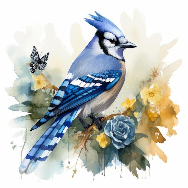 Watercolor Blue Jay In Floral Surrealism Style