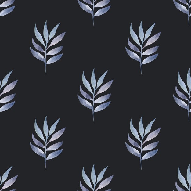 Watercolor blue leaves on a black background Abstract pattern