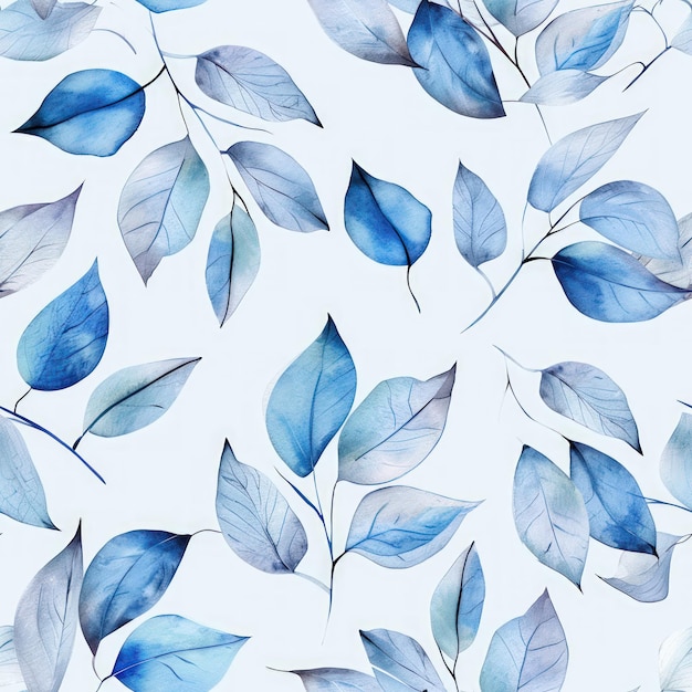 Watercolor blue leaves seamless pattern