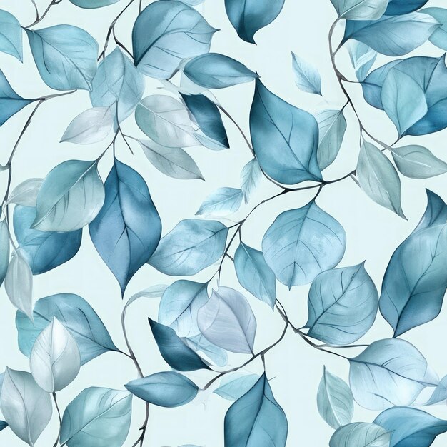 Watercolor blue leaves seamless pattern