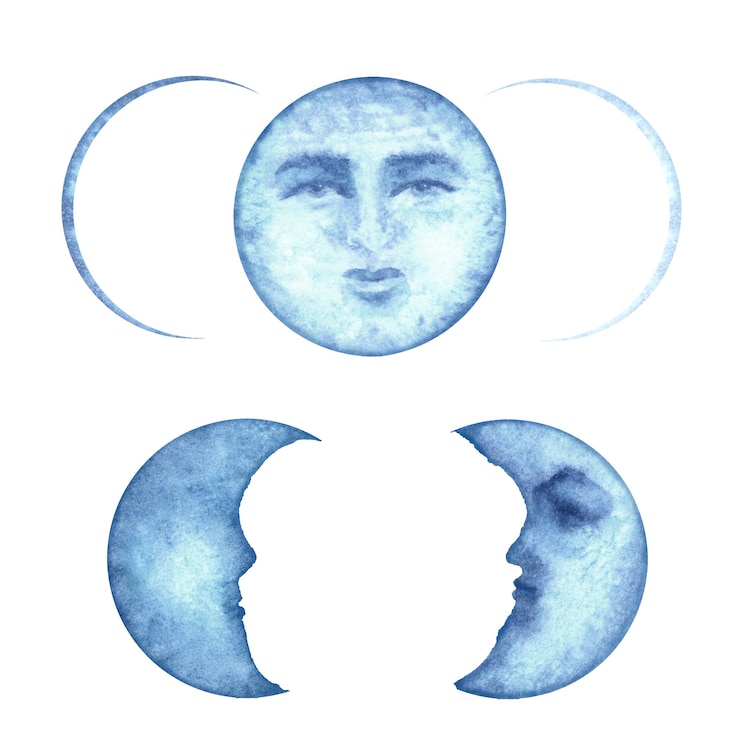 Photo watercolor blue magic moons and crescent with transparency texture for template clipart for winter