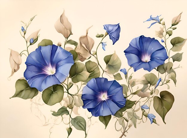 watercolor blue morning glory flowers in pastel yellow background