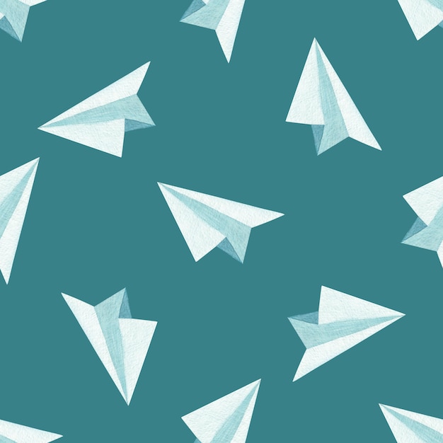 Watercolor blue paper airplanes seamless pattern on white background