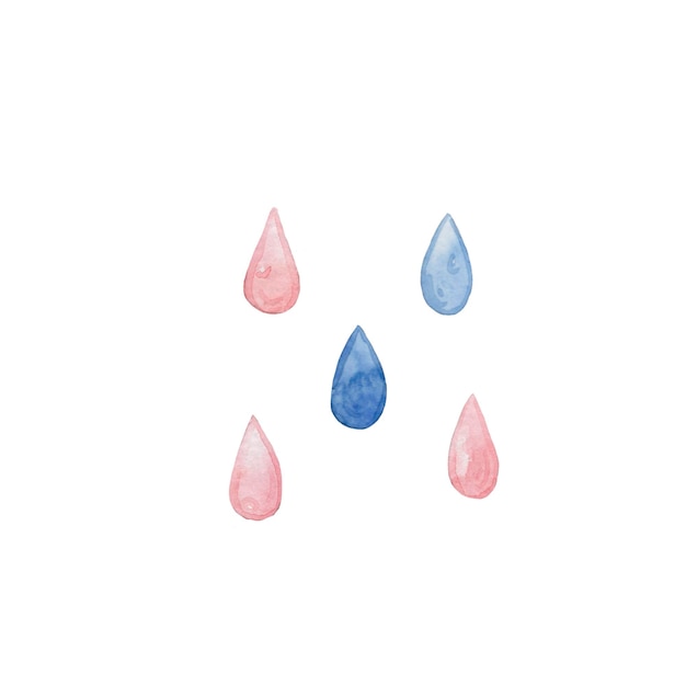 Watercolor blue and pink rain drops isolated on white background.