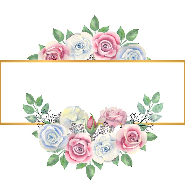Акварель синие и розовые розы цветы, зеленые листья, ягоды в золотой прямоугольной рамке
