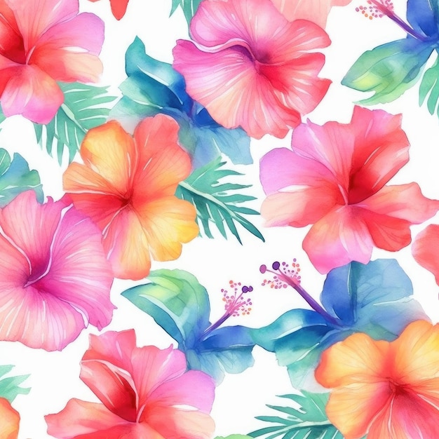 Watercolor blue and red hibiscus on a white background floral pattern generative ai