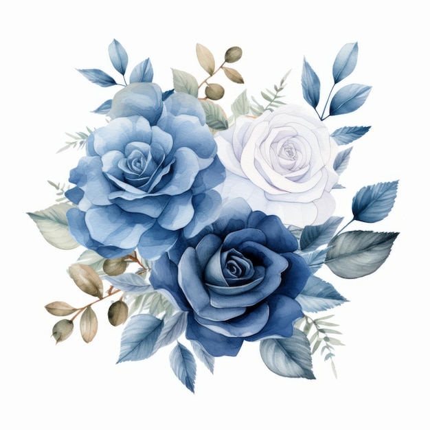 Watercolor Blue Roses With Leaves In Dark White And Light Gray S