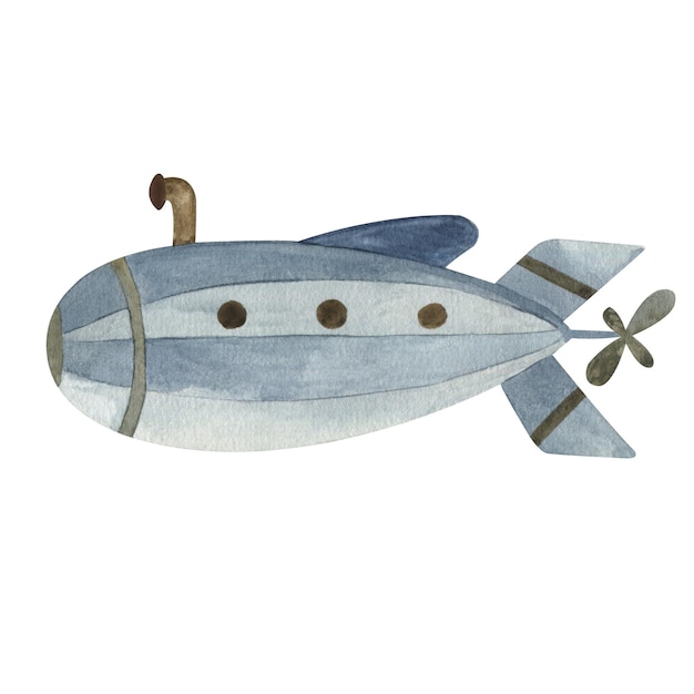 Watercolor blue submarine Cute element for baby room