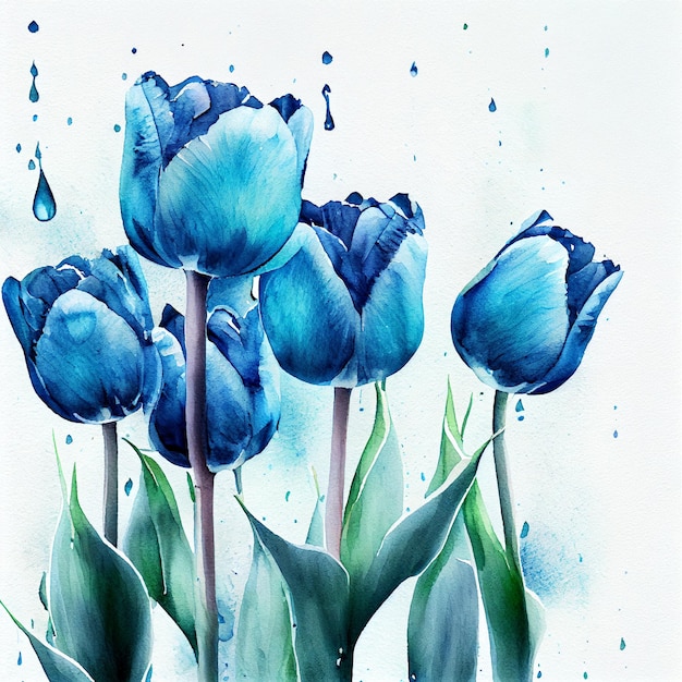 Watercolor blue tulip flowers greeting card background Generative AI