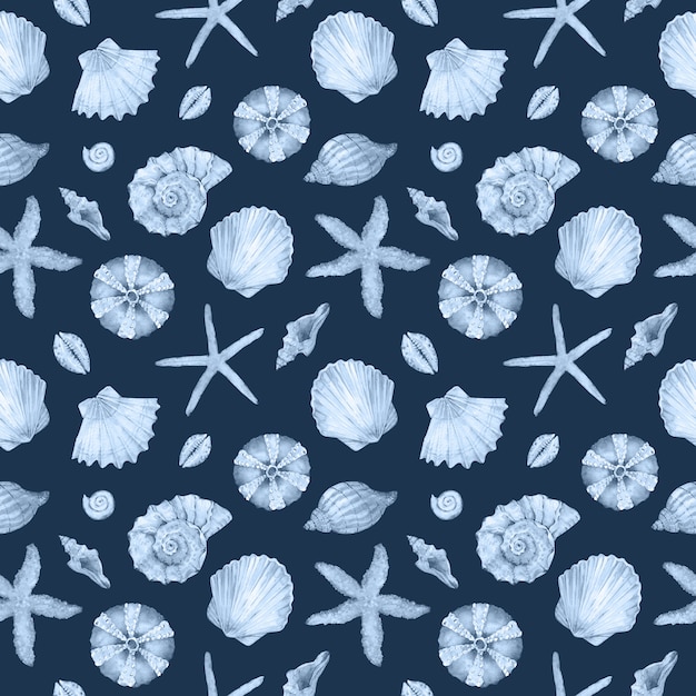 Watercolor blue underwater life pattern. Sea shells, stars and aquatic animals. Undersea pattern.