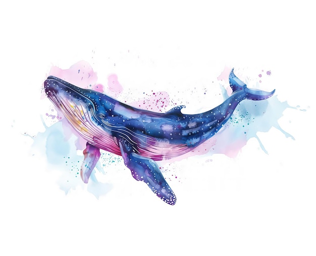 Фото Акварель синего кита на белом фоне, векторная иллюстрация, нарисованная рукой