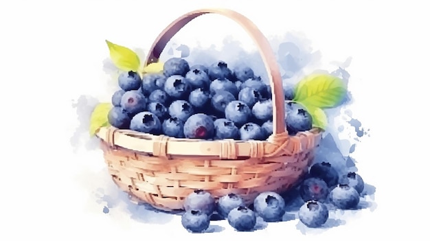 Watercolor blueberries in basket illustration Generative AI