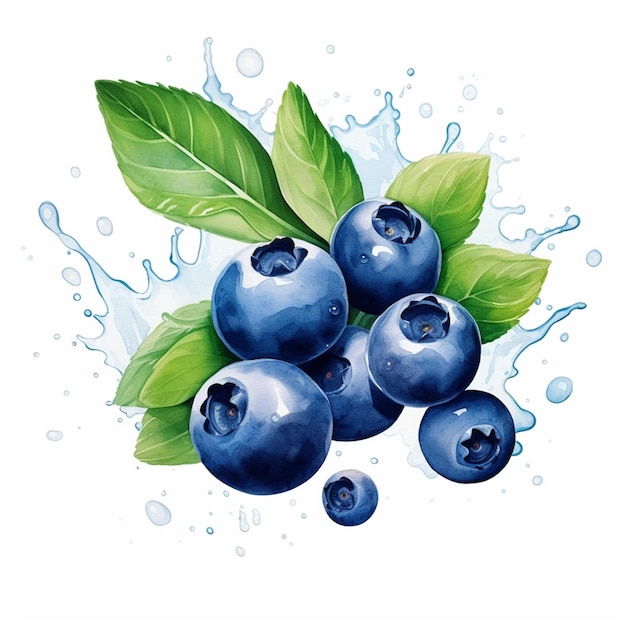 Watercolor blueberries with leaves with transperent paint splashes