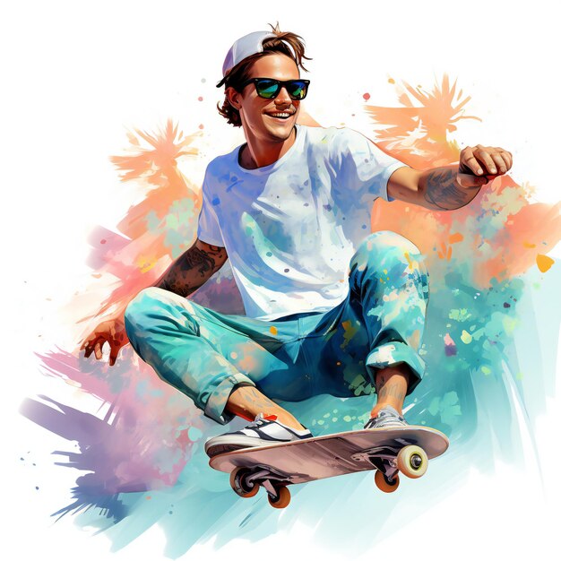 WATERCOLOR BOARD SKATER ILLUSTRATION CLIPART SKATEBOARD