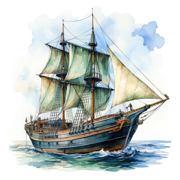 Photo watercolor boat clipart illustration generative ai