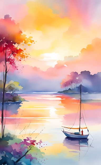 Watercolor boat at sunset