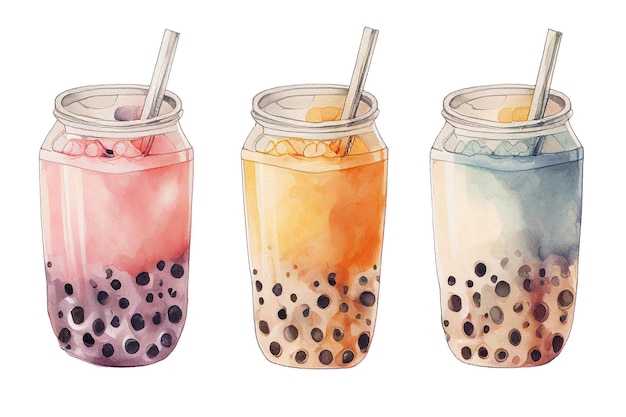 Watercolor boba tea or bubble milk tea isolated on white background AI generative illustration