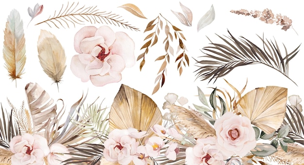 Watercolor Bohemian seamless border with dried tropical leaves and pampas grass illustration isolated Beige Elements for wedding design and crafting