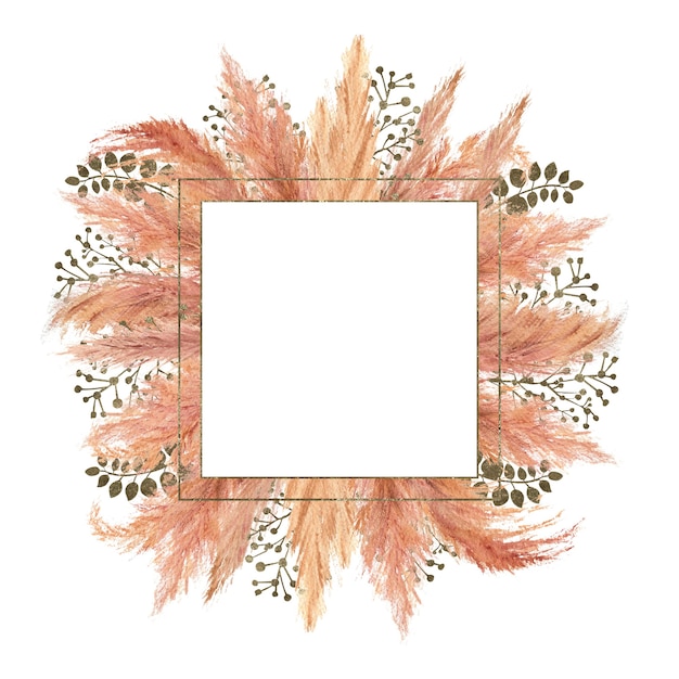 Watercolor boho bouquet with dried pampas grass and silver geometric frame on isolated on white background. Flower illustration for wedding or holiday design of invitations, postcards, printing