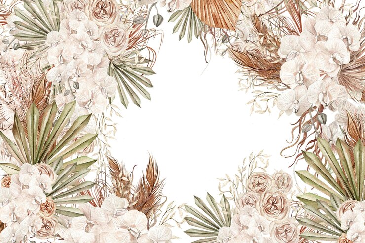 Photo 乾燥したヤシの葉の手描きの熱帯蘭の花と水彩自由奔放に生きるカード