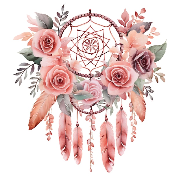 Watercolor of Boho Dreamcatcher Frame With Bandung Rose Syrup Drink Rose P Clipart Tshirt Design