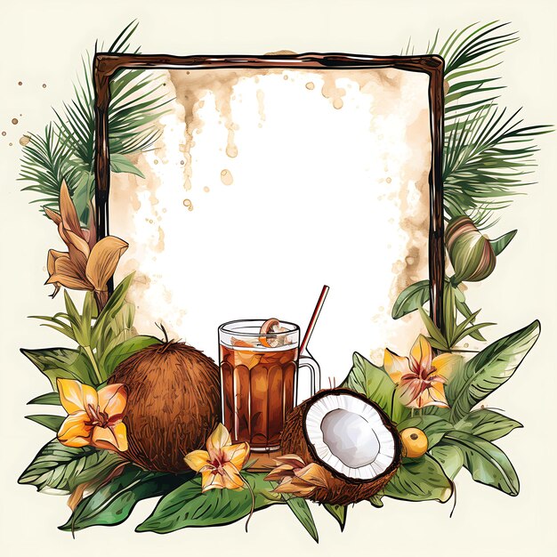 Watercolor of Boho Feathered Frame With Es Kelapa Muda Serut Sirup Shaved Clipart Tshirt Design