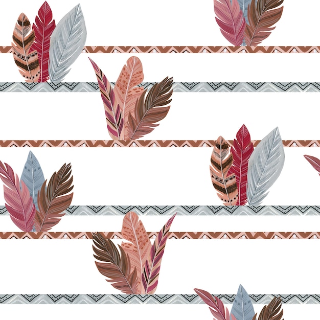 Watercolor boho pattern with feathers
