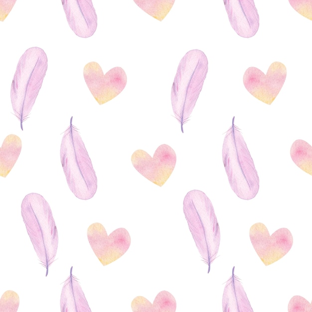 watercolor boho pink feathers and hearts seamless pattern on white background